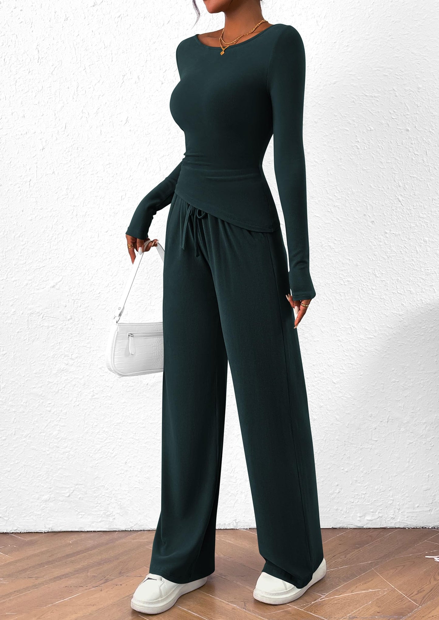 PRETTYGARDEN Women's 2 Piece Lounge Sets Asymmetrical Long Sleeve T Shirt Wide Leg Pants Casual Outfits Tracksuit