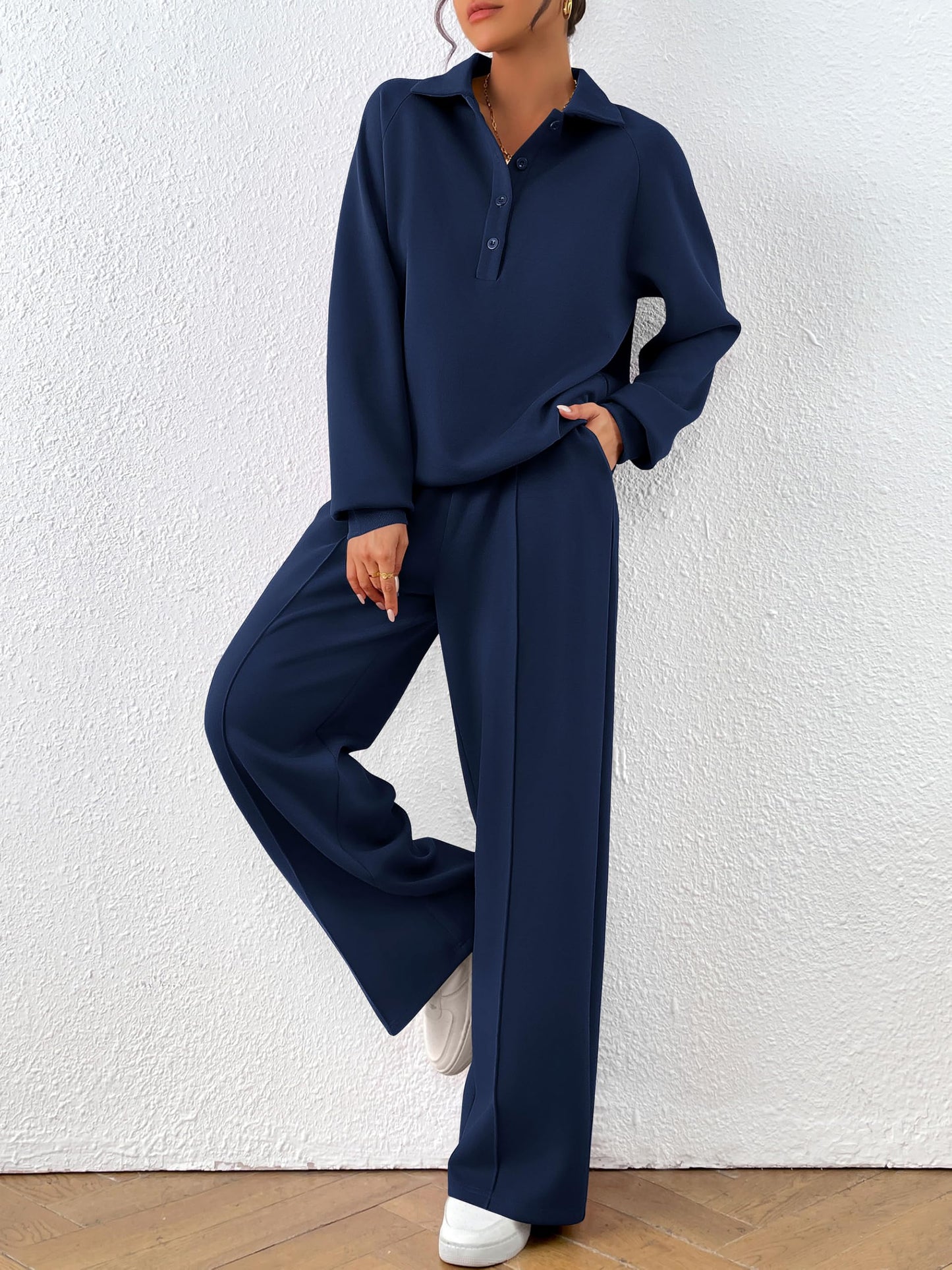 PRETTYGARDEN Women Fall 2 Piece Outfits Sweatsuits Quarter Button Long Sleeve Sweatshirt Wide Leg Pants Tracksuit Lounge Sets