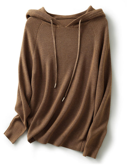 Women's Merino Wool Blend Hoodies 2025 Fall Winter Crewneck Sweatshirt Long Sleeve Knitted Sweater with Drawstring