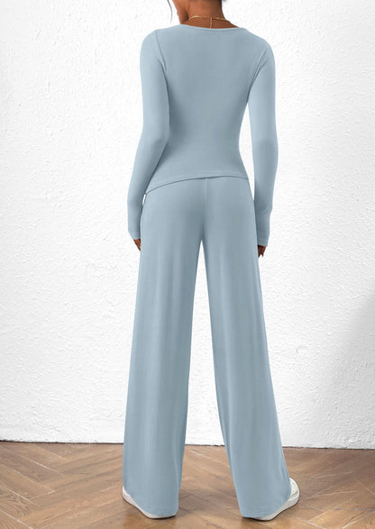 PRETTYGARDEN Women's 2 Piece Lounge Sets Asymmetrical Long Sleeve T Shirt Wide Leg Pants Casual Outfits Tracksuit