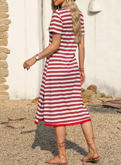 Dokotoo Summer Dress Casual Womens Fashion Short Sleeve Maxi Dress T Shirt Dress Striped Long Color Block Maxi Dress