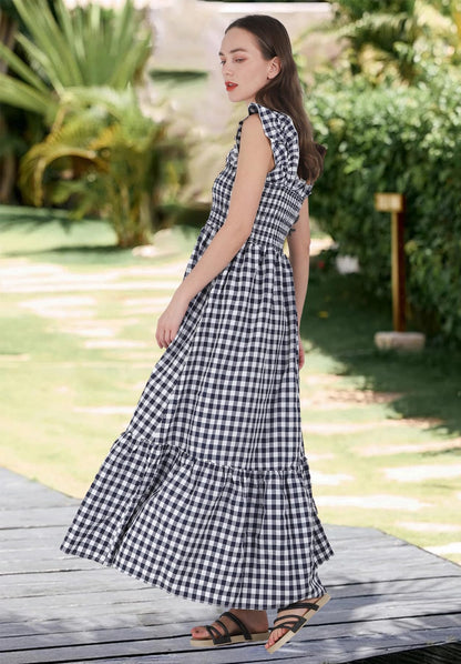 chouyatou Women's Retro Plaid Smocked Dress Spaghetti Strap Flounce Long Dress