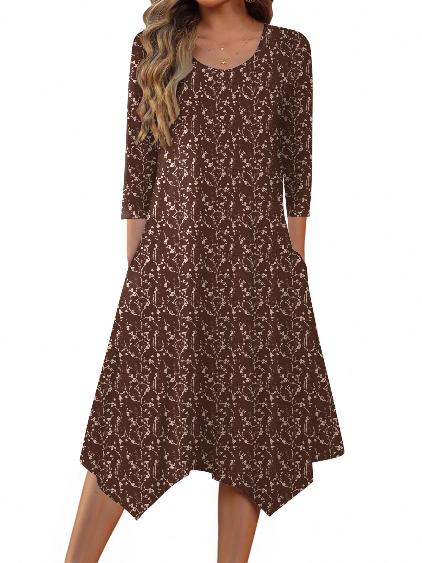 Zeagoo Midi Women 3/4 Sleeve Dress Casual Dresses with Pockets 2025 Fall A Line Dress Elegant Formal Modest Dresses