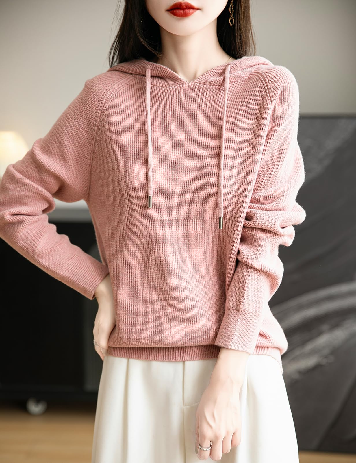 Women's Merino Wool Blend Hoodies 2025 Fall Winter Crewneck Sweatshirt Long Sleeve Knitted Sweater with Drawstring