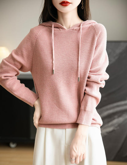 Women's Merino Wool Blend Hoodies 2025 Fall Winter Crewneck Sweatshirt Long Sleeve Knitted Sweater with Drawstring
