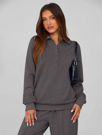 PRETTYGARDEN Women Fall 2 Piece Outfits Sweatsuits Quarter Button Long Sleeve Sweatshirt Wide Leg Pants Tracksuit Lounge Sets