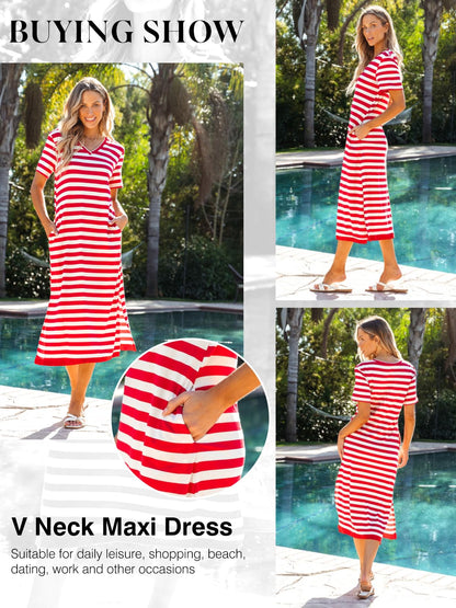 Dokotoo Summer Dress Casual Womens Fashion Short Sleeve Maxi Dress T Shirt Dress Striped Long Color Block Maxi Dress