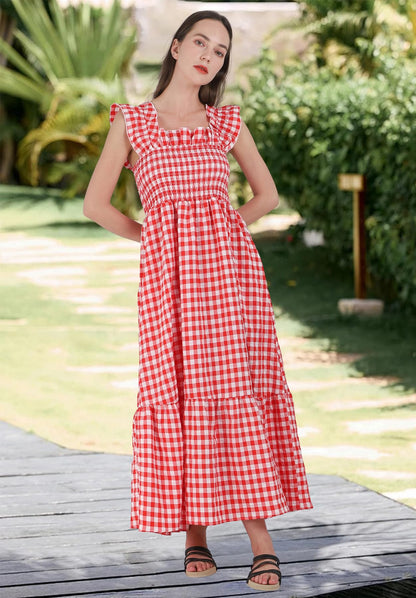 chouyatou Women's Retro Plaid Smocked Dress Spaghetti Strap Flounce Long Dress