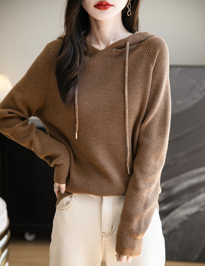 Women's Merino Wool Blend Hoodies 2025 Fall Winter Crewneck Sweatshirt Long Sleeve Knitted Sweater with Drawstring