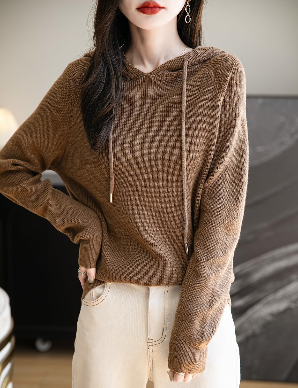 Women's Merino Wool Blend Hoodies 2025 Fall Winter Crewneck Sweatshirt Long Sleeve Knitted Sweater with Drawstring