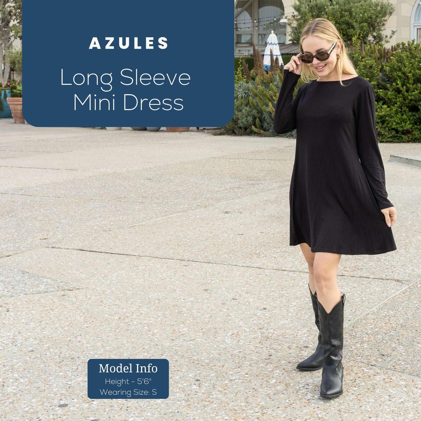 Azules Women's Long Sleeve Tunic Dress Casual Boat Neck Swing Dress with Scoop Back