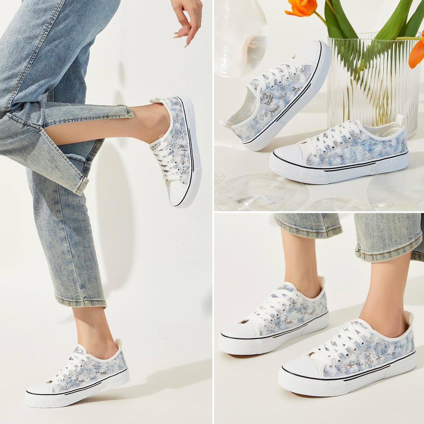kufeiti Women's White Tennis Shoes Embroidered Sequins Low Top Canvas Shoes Comfortable Casual Fashion Sneakers