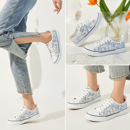 kufeiti Women's White Tennis Shoes Embroidered Sequins Low Top Canvas Shoes Comfortable Casual Fashion Sneakers