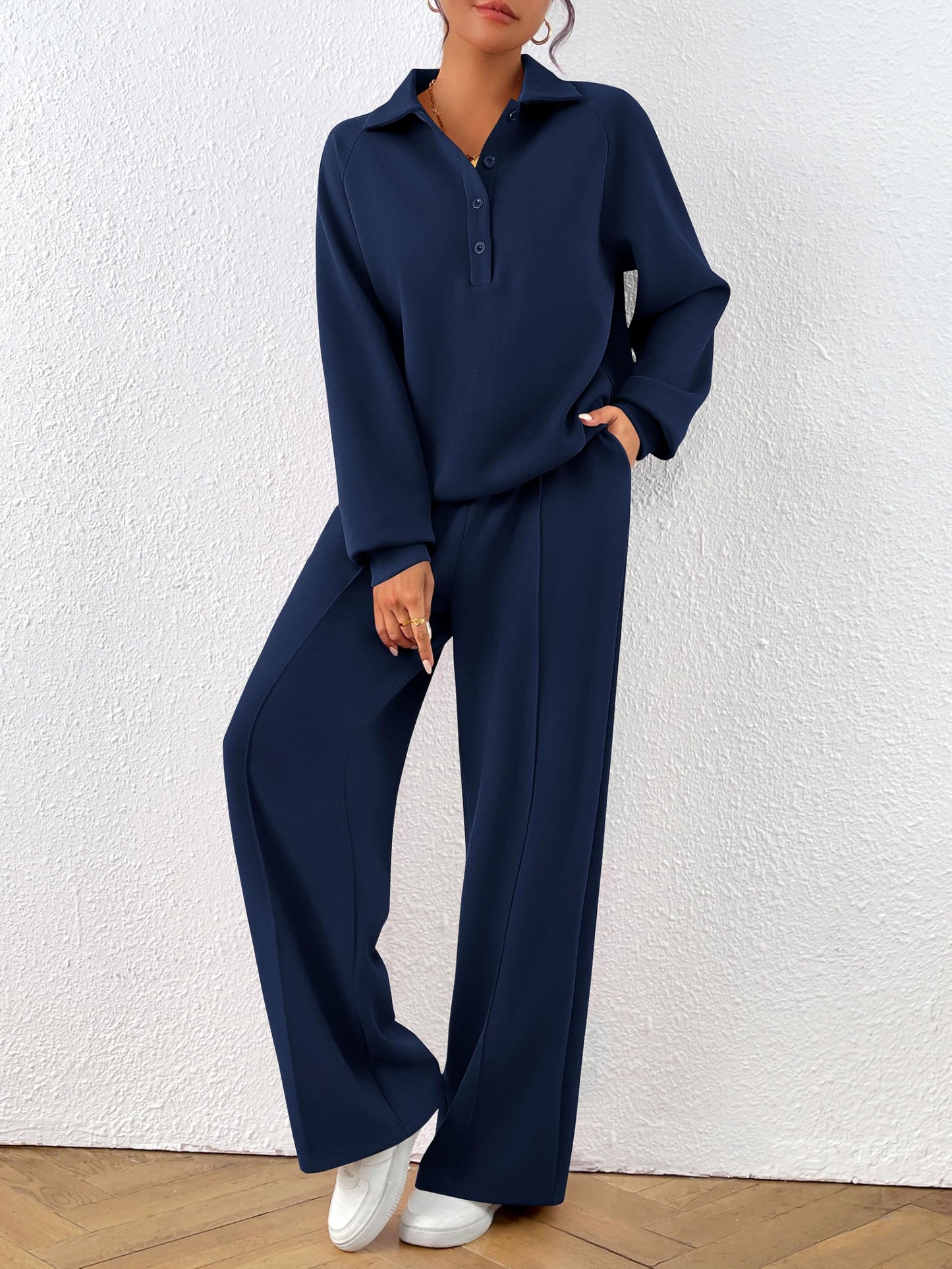 PRETTYGARDEN Women Fall 2 Piece Outfits Sweatsuits Quarter Button Long Sleeve Sweatshirt Wide Leg Pants Tracksuit Lounge Sets