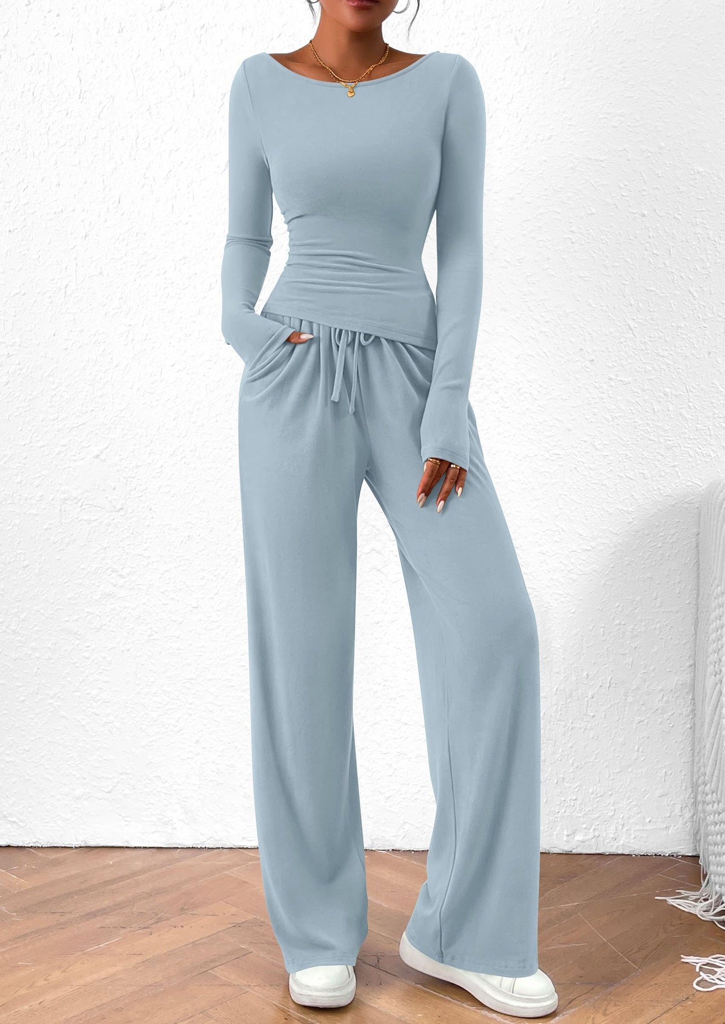 PRETTYGARDEN Women's 2 Piece Lounge Sets Asymmetrical Long Sleeve T Shirt Wide Leg Pants Casual Outfits Tracksuit