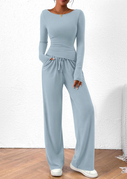 PRETTYGARDEN Women's 2 Piece Lounge Sets Asymmetrical Long Sleeve T Shirt Wide Leg Pants Casual Outfits Tracksuit