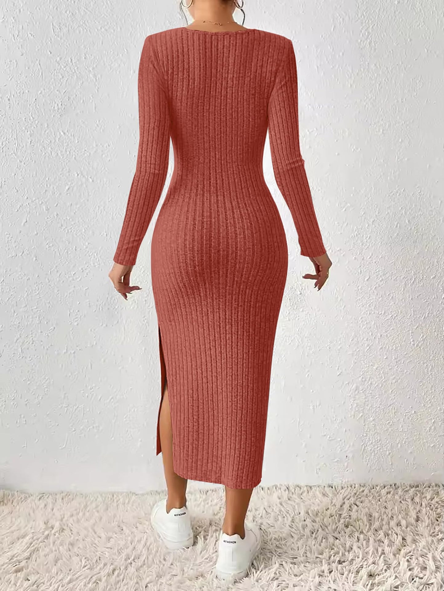 ETCYY NEW Womens Fall Dresses Square Neck Knitted Elastic Basic Winter Bodycon Versatile Slit Dress