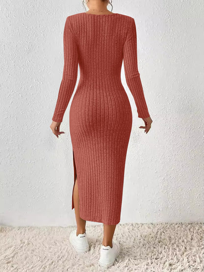 ETCYY NEW Womens Fall Dresses Square Neck Knitted Elastic Basic Winter Bodycon Versatile Slit Dress