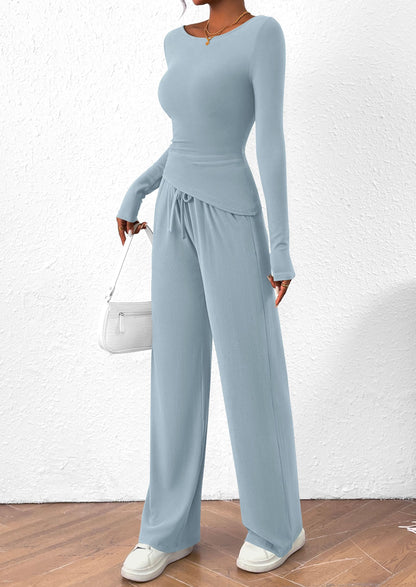 PRETTYGARDEN Women's 2 Piece Lounge Sets Asymmetrical Long Sleeve T Shirt Wide Leg Pants Casual Outfits Tracksuit
