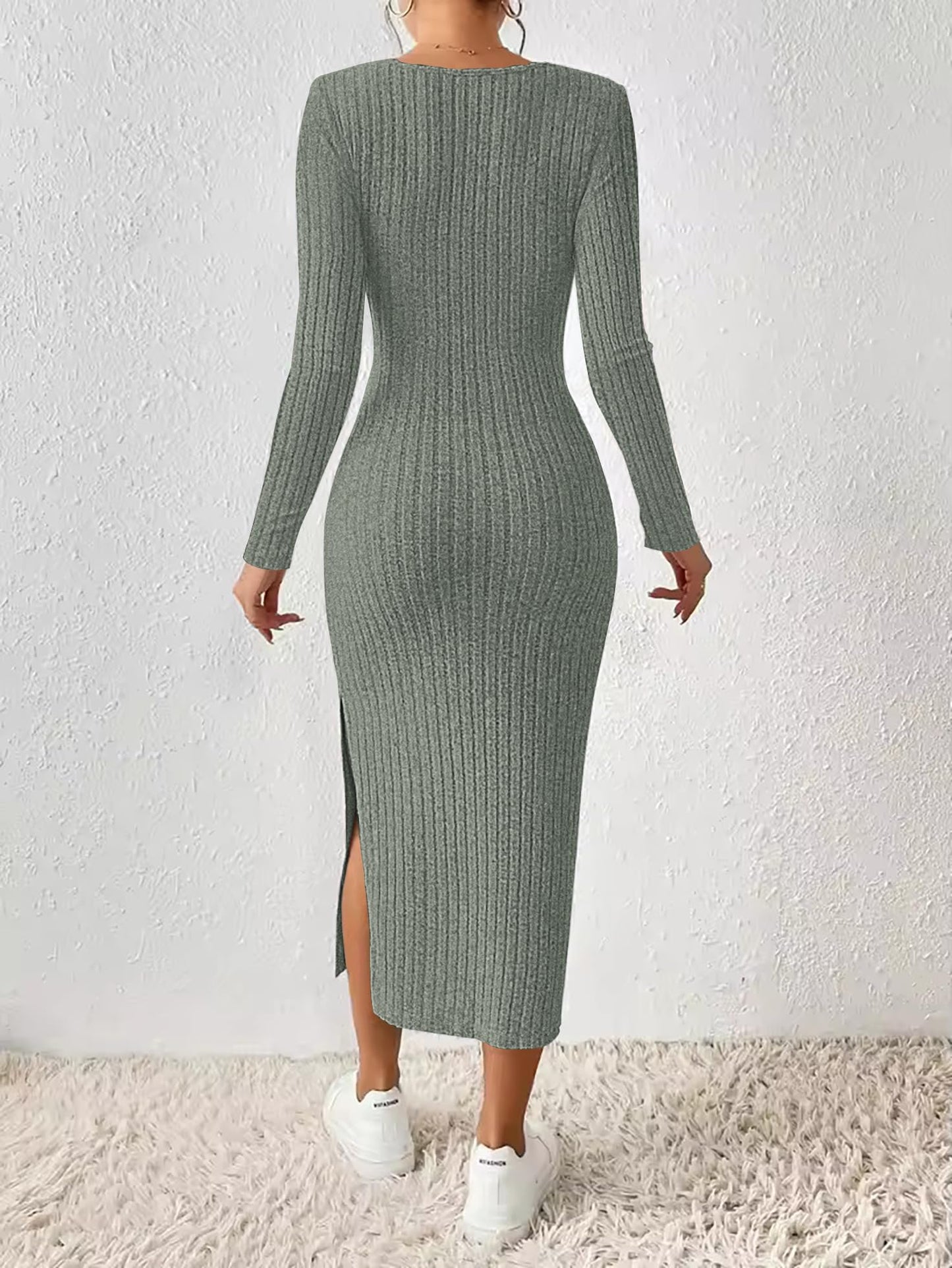 ETCYY NEW Womens Fall Dresses Square Neck Knitted Elastic Basic Winter Bodycon Versatile Slit Dress