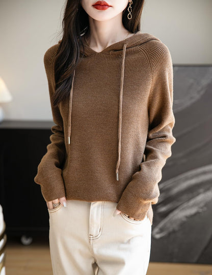 Women's Merino Wool Blend Hoodies 2025 Fall Winter Crewneck Sweatshirt Long Sleeve Knitted Sweater with Drawstring