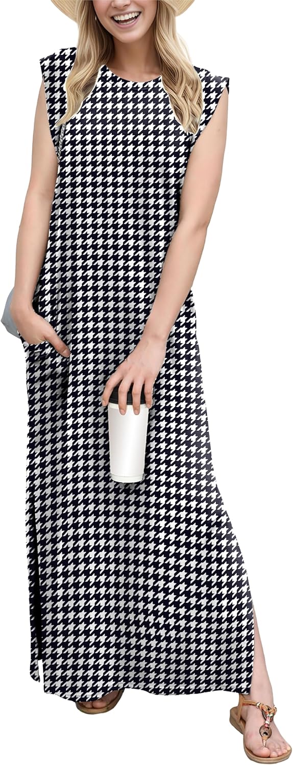 GRECERELLE 2025 Women Year-Round Casual Round Neck Loose Split Wrinkle-Free Long Maxi Vacation Dress with Pockets (XS-3XL)