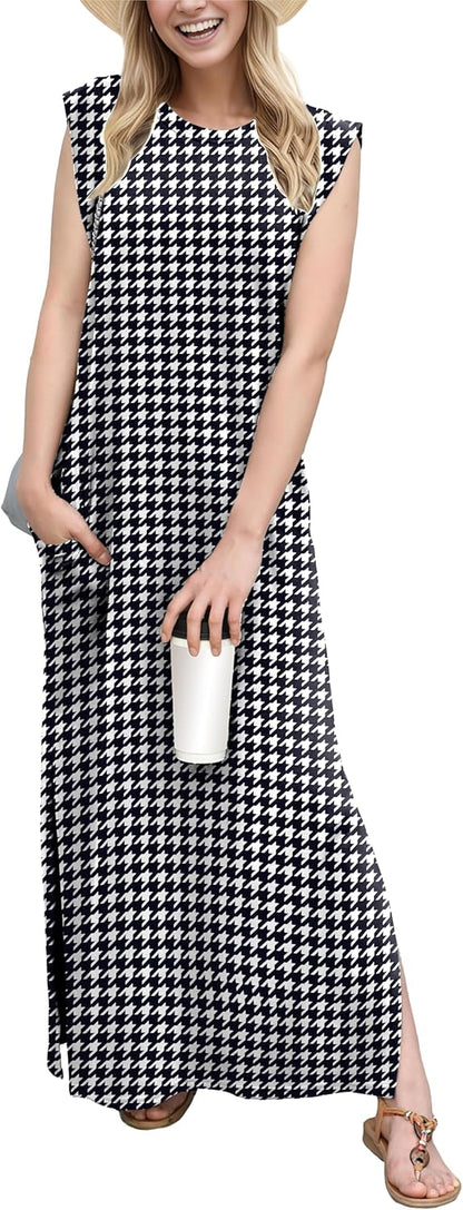 GRECERELLE 2025 Women Year-Round Casual Round Neck Loose Split Wrinkle-Free Long Maxi Vacation Dress with Pockets (XS-3XL)
