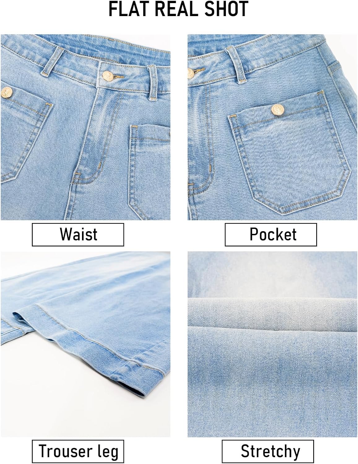 Women's Wide Leg Jeans with Patch Pockets, Straight Leg Jeans with High Waist, Stretchy Denim Pants （Standard）