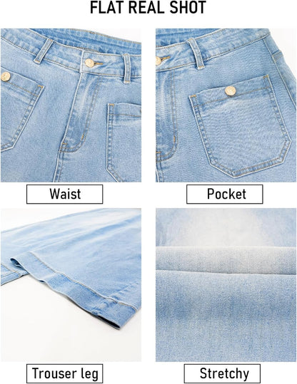 Women's Wide Leg Jeans with Patch Pockets, Straight Leg Jeans with High Waist, Stretchy Denim Pants （Standard）