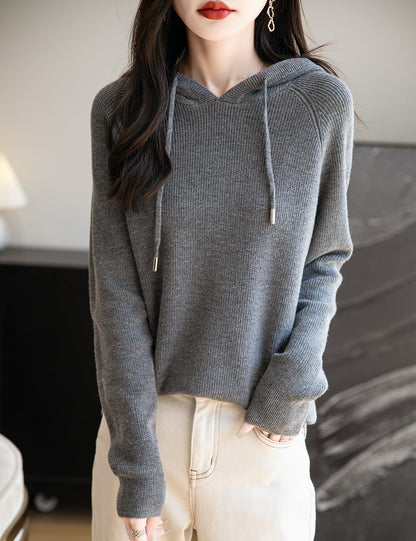 Women's Merino Wool Blend Hoodies 2025 Fall Winter Crewneck Sweatshirt Long Sleeve Knitted Sweater with Drawstring