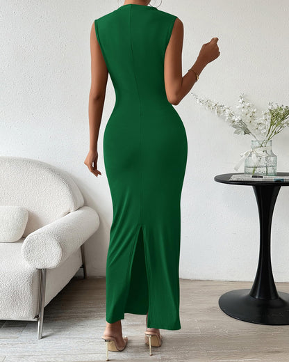 BTFBM Women's Ruched Bodycon Dress Summer Casual Sleeveless Back Slit Elegant Club Evening Party Cocktail Maxi Dresses