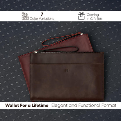 Wristlet for Women and Men, Full-Grain Leather Clutch with Zip Closure & RFID Blocking