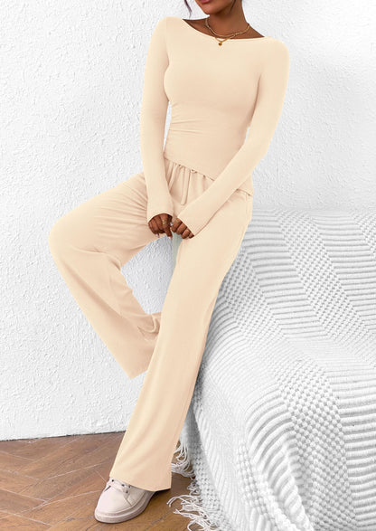 PRETTYGARDEN Women's 2 Piece Lounge Sets Asymmetrical Long Sleeve T Shirt Wide Leg Pants Casual Outfits Tracksuit